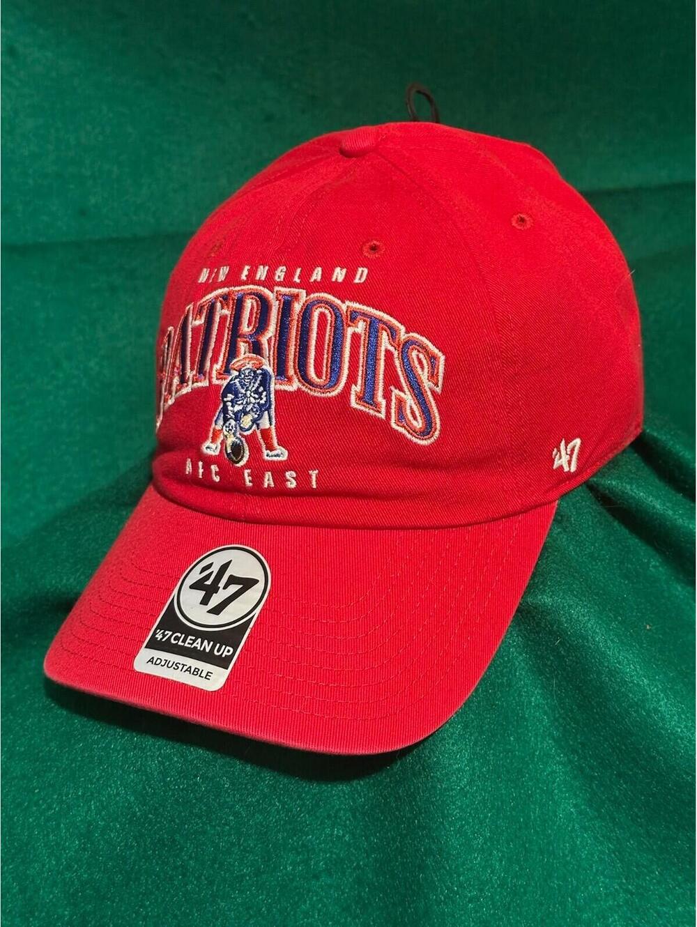 NFL New England Patriots Arched Name & Team Logo 47 Brand Red Adjustable Dad Hat